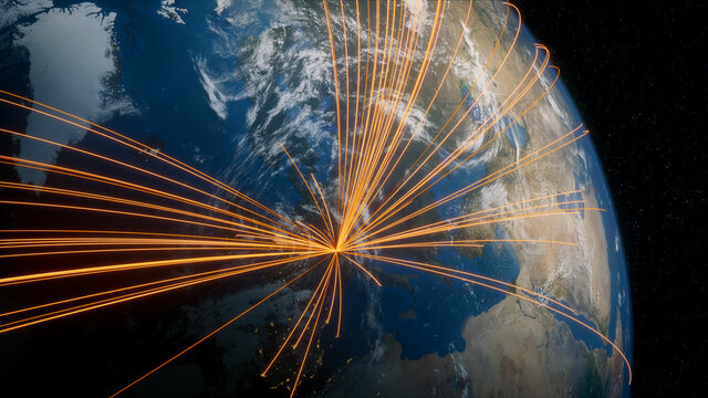 Earth in Space. Orange Lines connect Zurich, Switzerland with Cities across the World. Global Travel or Communication Concept.