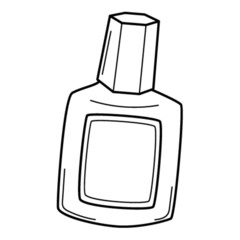 A bottle with a cap, a correction liquid. Doodle outline style. Hand-drawn black and white vector illustration. The design elements are isolated on a white background.