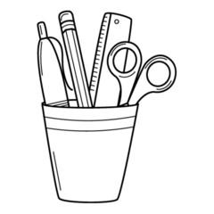 Pencil holder with a ruler, scissors, pen, pencil. Doodle style. Hand-drawn black and white vector illustration. The design elements are isolated on a white background.