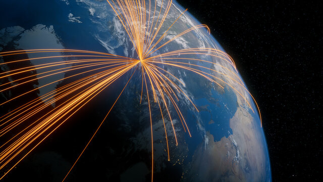 Earth in Space. Orange Lines connect Oslo, Norway with Cities across the World. International Travel or Communication Concept.