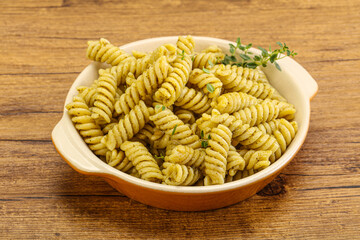 Italian pasta Fusilli with pesto