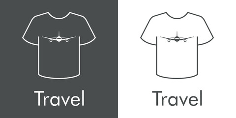 Logotipo con texto Travel y silueta de avión en camiseta en fondo gris y fondo blanco