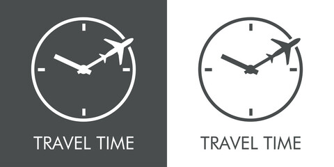 Logotipo con texto Travel Time y silueta de avión con trayectoria con forma de manecilla de reloj en fondo gris y fondo blanco