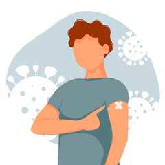 Vaccinated young man showing at the arm. The concept of vaccination, health, the spread of the vaccine, healthcare, call of fight against coronavirus. Colorful vector illustration in flat style.