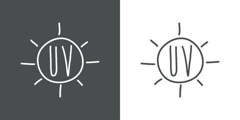 Concepto vacaciones de verano. Crema solar. Logotipo con texto UV manuscrito en sol con lineas en fondo gris y fondo blanco
