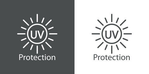 Concepto vacaciones de verano. Crema solar. Logotipo con texto UV Protection en sol con lineas en fondo gris y fondo blanco