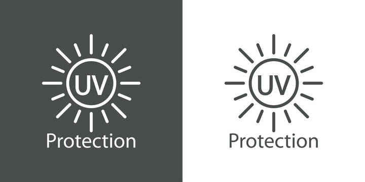 Concepto vacaciones de verano. Crema solar. Logotipo con texto UV Protection en sol con lineas en fondo gris y fondo blanco