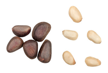 Fototapeta na wymiar Pine nuts isolated on a white background, top view