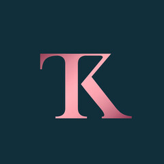 TK monogram logo.Typographic signature icon.Letter t and letter k.Lettering sign isolated on dark fund.Wedding, fashion, beauty alphabet initials.Elegant, luxury style.Pink color.