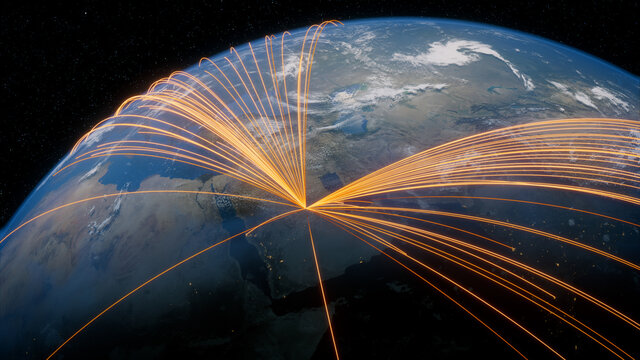 Earth in Space. Orange Lines connect Riyadh Saudi, Arabia with Cities across the World. International Travel or Networking Concept.