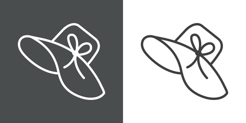 Icono plano sombrero de verano de mujer con nudo en cinta con lineas en fondo gris y fondo blanco © teracreonte