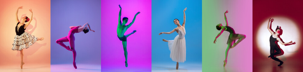 Collage of portraits of female ballet dancers, ballerinas dancing isolated on multicolored background in neon light. Concept of art, theater, beauty - obrazy, fototapety, plakaty