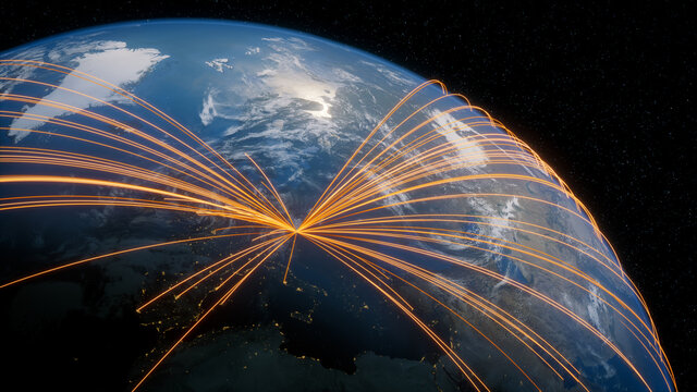 Earth in Space. Orange Lines connect Vienna, Austria with Cities across the World. Worldwide Travel or Networking Concept.