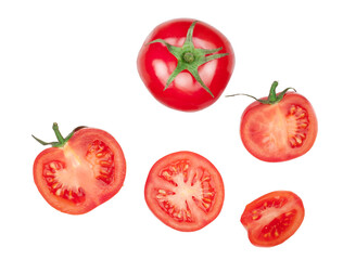 Tomato and tomato slices isolated on a white background, top view