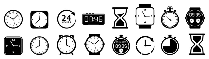 Time and clock icons set. Timer, Alarm and Stopwatch collection. Time management and deadline alarm icons.