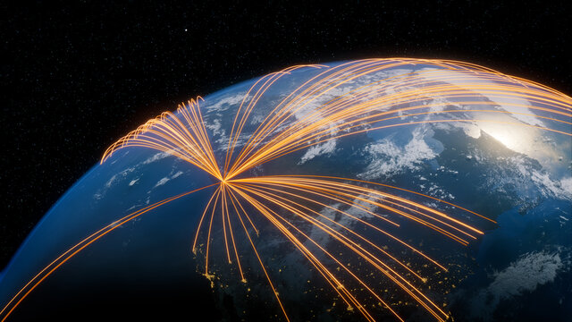 Earth in Space. Orange Lines connect Vancouver, Canada with Cities across the World. Worldwide Travel or Communication Concept.