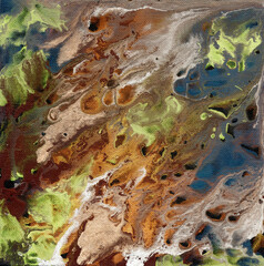 Background. Abstraction texture. Illustration of liquid acrylic resin. Divorces and smooth lines of paint, colors. Pearl modulations. Epoxy. Stone.  Red, green, blue, brown, beige, yellow color.