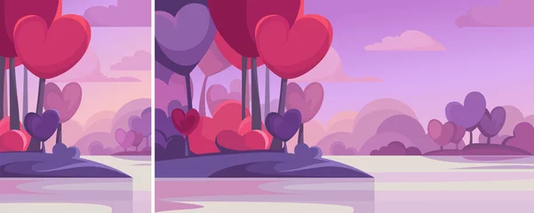 Fotobehang Purper Bos met hartvormige bomen aan het meer. Abstract landschap in verticale en horizontale richting.  © Pakon