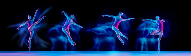 Development of movements of one beautiful ballerina dancing isolated on dark background in mixed neon light. Concept of art, theater, beauty and creativity