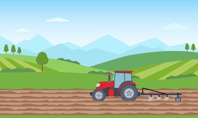 Tractor plowing the field on rural landscape background. Agriculture concept. Vector illustration. - obrazy, fototapety, plakaty