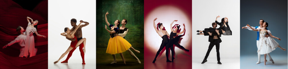 Composite image of portraits of 6 ballet dancers couples in theater performances isolated on...