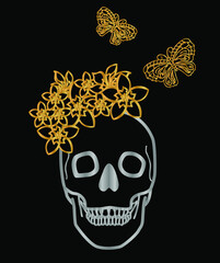 vector illustration of happy skull with flowers and butterflies