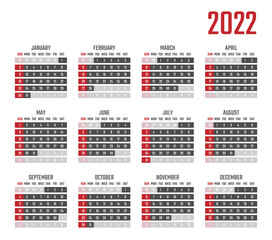 calendar for 2022 starts sunday, vector calendar design 2022 year