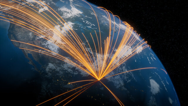 Earth in Space. Orange Lines connect Cancun, Mexico with Cities across the World. International Travel or Communication Concept.