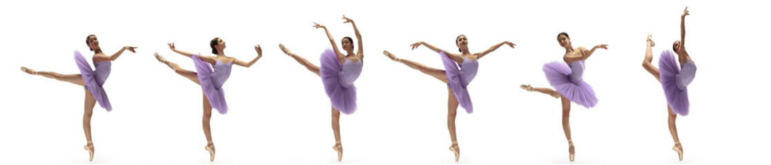 Development of movements of one beautiful ballerina dancing isolated on white background. Concept...
