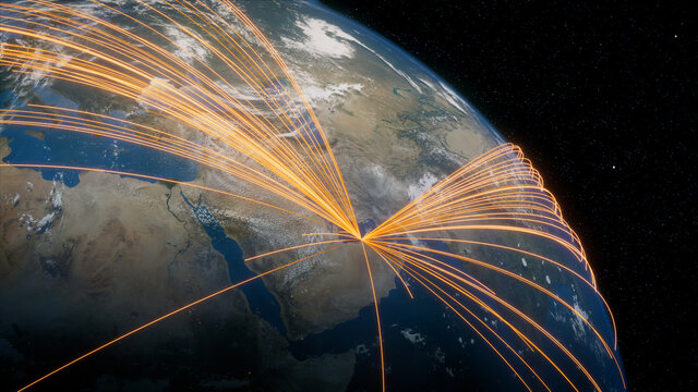 Earth in Space. Orange Lines connect Abu Dhabi, UAE with Cities across the World. International Travel or Networking Concept.