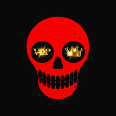 Red skull in the eyes of a golden vip and crown on a black background, vector illustration