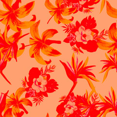 Scarlet Pattern Texture. Red Seamless Foliage. Coral Tropical Hibiscus. Pink Flower Botanical. Ruby Wallpaper Texture. Decoration Leaf. Watercolor Plant.