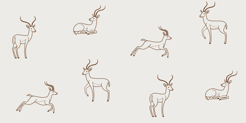 Cartoon happy antelope - seamless trendy pattern with animal in various poses. Contour vector illustration for prints, clothing, packaging and postcards.
