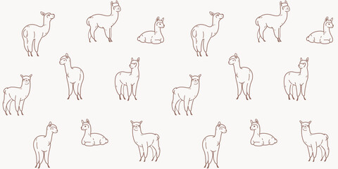 Simple seamless trendy pattern with alpaca. Contour design vector print.