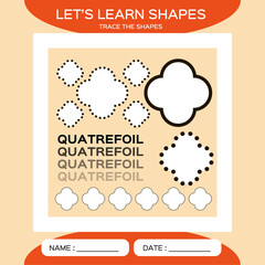 Quatrefoil. Basic geometric shapes. Elements for children. Learn Shapes. Handwriting practice. Trace and write. Educational children game. Kids activity printable sheet. Orange Background.