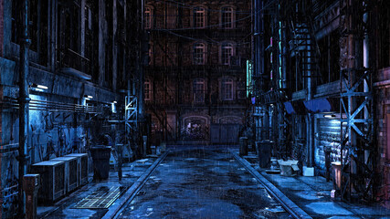 3D illustration of a dark seedy futuristic urban back street alley at night in the rain. Cyberpunk concept.