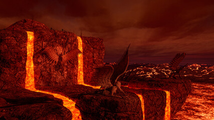 3D-Darstellung einer dunklen brennenden Höllenlandschaft mit Lavaströmen.