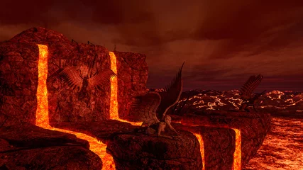 Fototapeten 3D-Darstellung einer dunklen brennenden Höllenlandschaft mit Lavaströmen. © IG Digital Arts