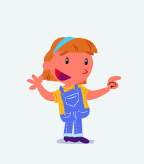 cartoon character of little girl on jeans smiling while pointing.