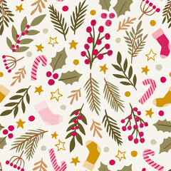 Vector winter floral pattern with candy canes, christmas stocking and stars. Christmas seamless background with winter branches and leaves. Hand drawn floral elements. 