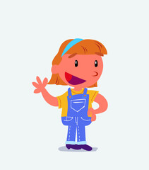 cartoon character of little girl on jeans waving happily.