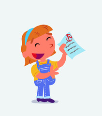 happy cartoon character of little girl on jeans explaining something with exam in hand.