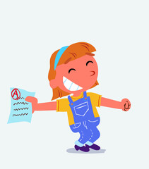 happy cartoon character of little girl on jeans rejoices with exam in hand.