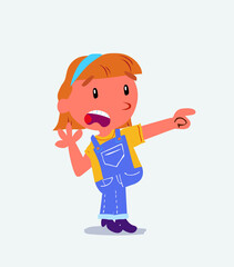 Surprised cartoon character of little girl on jeans pointing at something.