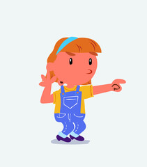 Surprised cartoon character of little girl on jeans points to something.