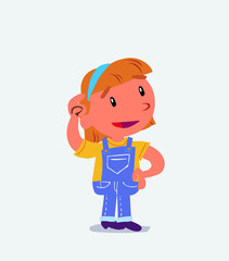 Thoughtful cartoon character of little girl on jeans scratching his head.