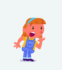 Unpleasantly surprised cartoon character of little girl on jeans looks to the side.