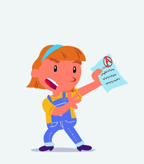 cartoon character of little girl on jeans arguing effusively with exam in hand.