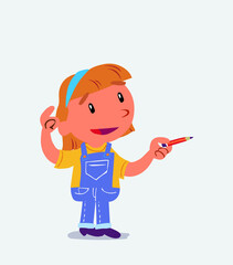 cartoon character of little girl on jeans doubts while pointing with a pencil.
