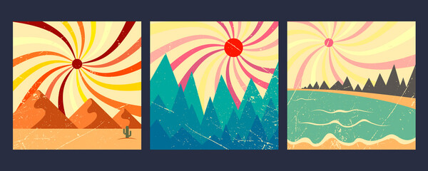 Three scuffed retro landscape posters. Desert landscape, mountains landscape, sea landscape